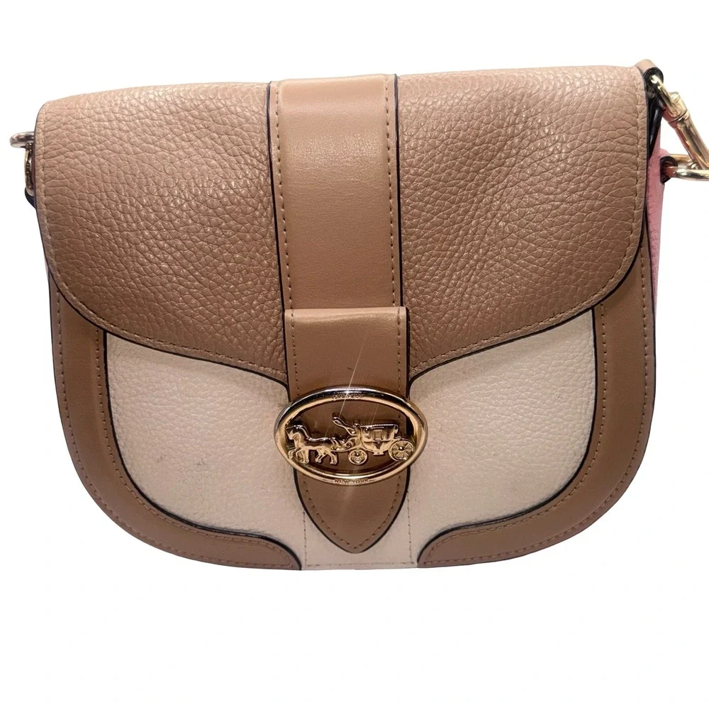 Coach Georgie Saddle Bag Colorblock Leather Crossbody Taupe Pink Cream C3593